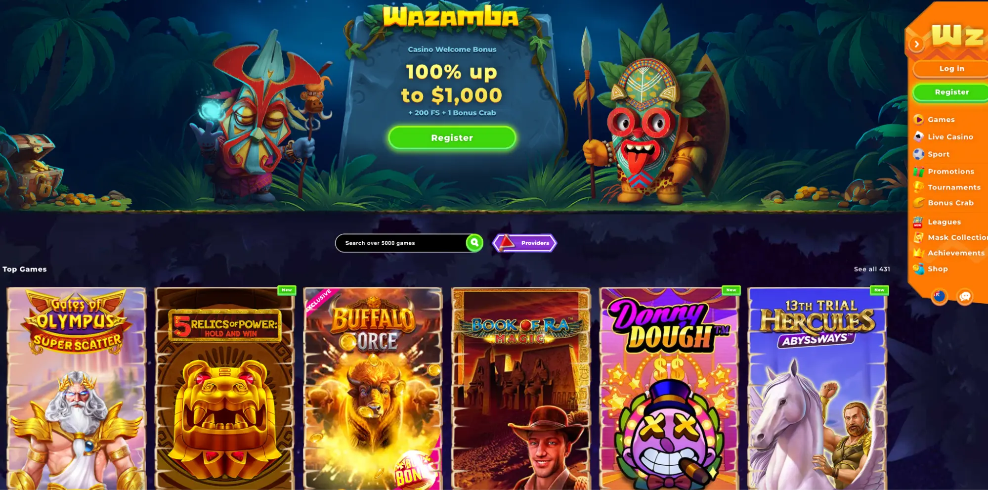 Wazamba casino welcome bonus up to $1000 with masks theme